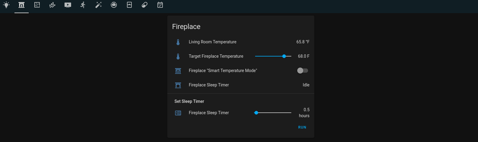 Fireplace control in the lovelace dashboard.